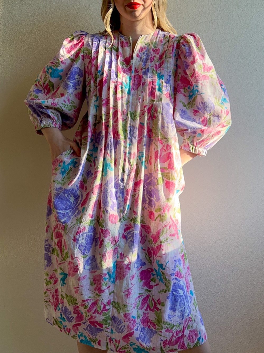 Vintage 1980s Bullocks Wilshire Purple Print House Dress (S/M)